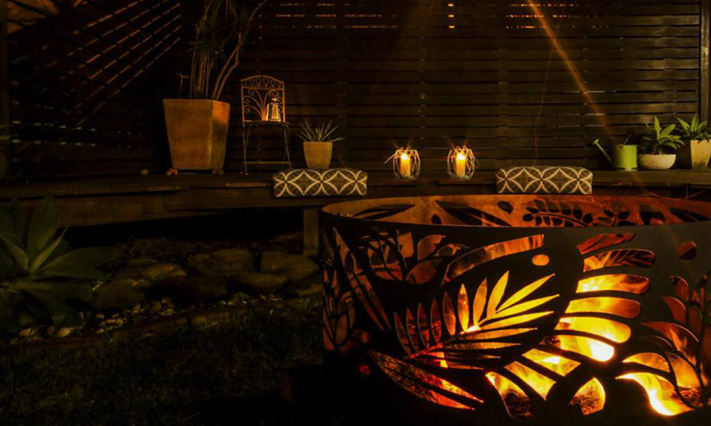 Squat Round Fire Pit in Floral Pattern by Ironbark Metal Design