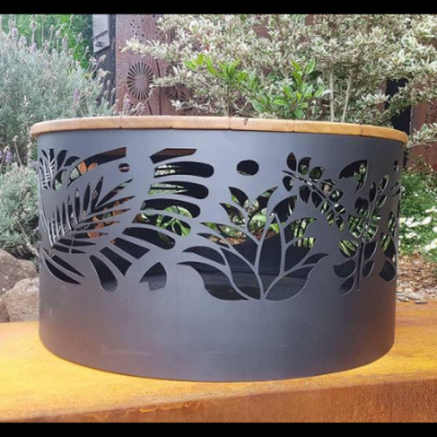 Squat Round Fire Pit with Floral Pattern, Charcoal Heat Proof Paint and Hardwood Lid Squat Round Fire Pit with Floral Pattern, Charcoal Heat Proof Paint and Hardwood Lid