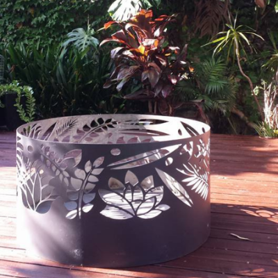 Squat Round Fire Pit with Floral Pattern, Charcoal Heat Proof Paint Squat Round Fire Pit with Floral Pattern, Charcoal Heat Proof Paint