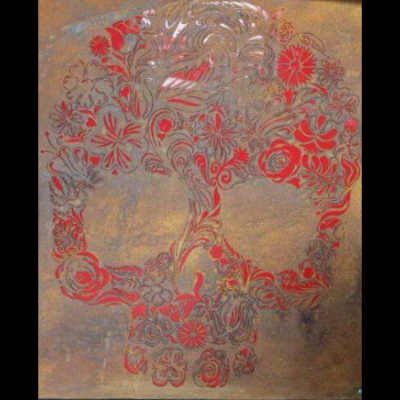 Candy Skull in Rusted Steel with Red Backing Sheet Candy Skull in Rusted Steel with Red Backing Sheet