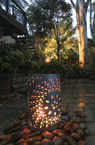 Small Round Fire Pit with Fanfare Pattern in Charcoal Heat Proof Paint