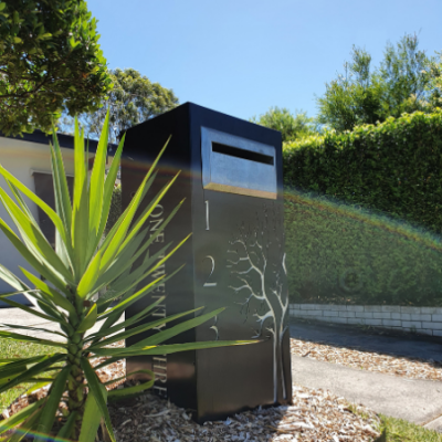 Ironbark Letterbox with Autumn Tree Pattern in Black Powder Coated Aluminium & Perspex Backing- Figtree Ironbark Letterbox with Autumn Tree Pattern in Black Powder Coated Aluminium & Perspex Backing- Figtree