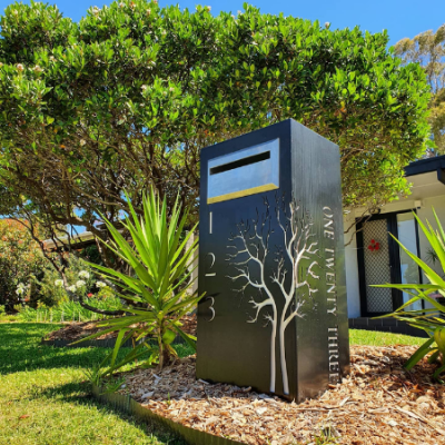 Ironbark Letterbox with Autumn Tree Pattern in Black Powder Coated Aluminium & Perspex Backing- Figtree Ironbark Letterbox with Autumn Tree Pattern in Black Powder Coated Aluminium & Perspex Backing- Figtree