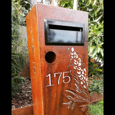 3D Grevillea Letterbox in Rusted & Sealed Corten Steel with Perspex Backing 3D Grevillea Letterbox Rusted & Sealed with Perspex & Newspaper Cylinder