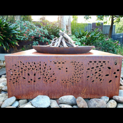 Firebox with Fanfare Pattern & Steel Firebowl Ironbark Firebox with Fanfare pattern outdoor fire pit