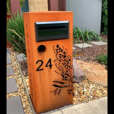 3D Grevillea Letterbox in Rusted Corten Steel 3D Grevillea Letterbox in Rusted Steel - Black Chute