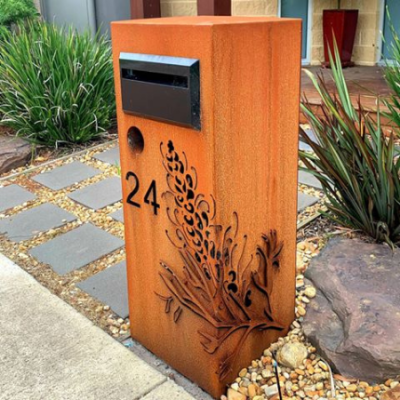 3D Grevillea Letterbox in Rusted Corten Steel 3D Grevillea Letterbox in Rusted Steel - Black Chute