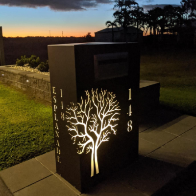 Wide Form Letterbox with Autumn Tree Pattern at Night Wide Form Letterbox with Autumn Tree Pattern at Night