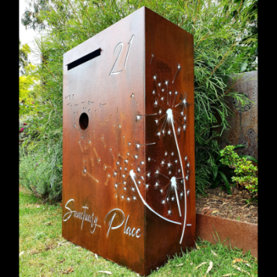 Wide Form Custom Pre-Rust & Sealed Letterbox with Dandelion Drift Pattern- Calamvale Wide Form Custom Pre-Rust & Sealed Letterbox with Dandelion Drift Pattern- Calamvale