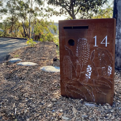 Wide Form Letterbox Banksia Serrata Pattern in Rust Wide Form Letterbox Banksia Serrata Pattern in Rust