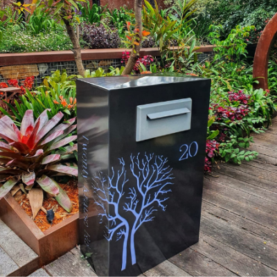Wide Form Letterbox with Autumn Leaf Pattern in Powder Coated Aluminium and Silver Mail Chute with Perspex Wide Form Letterbox with Autumn Leaf Pattern in Powder Coated Aluminium and Silver Mail Chute with Perspex
