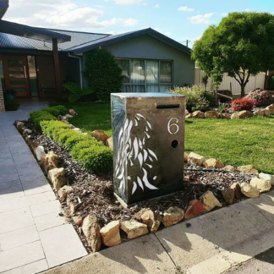 Wide Form Letterbox with Gum Leaf Cascade Pattern in Steel 2 Wide Form Letterbox with Gum Leaf Cascade Pattern in Steel