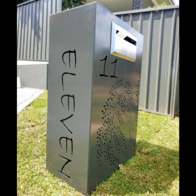 Wide Form Letterbox with Wattle Pattern- Shellharbour Wide Form Letterbox with Autumn Tree Pattern at Night