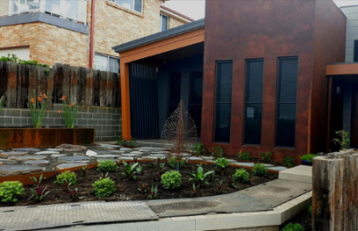 Corten Steel Garden Edging & Planters with Lace Leaf Sculpture- Gerroa Corten Steel Garden Edging & Planters with Lace Leaf Sculpture- Gerroa