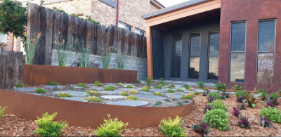 Custom House Sign, Corten Steel Garden Edging & Planters with Lace Leaf Sculpture- Gerroa Custom House Sign, metal Corten Steel Garden Edging & Planters with Lace Leaf Sculpture- Gerroa