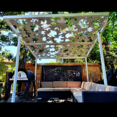 Pergola with Autumn Leaf Pattern in Powder Coated Aluminium Aluminium Pergola with autumn leaf Pattern & Pearl White powder coating
