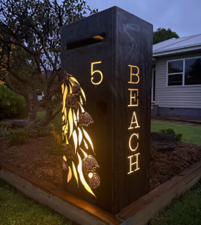 Ironbark Letterbox in Corten Steel with Gum Leaf Cascade Perspex Interior Ironbark Letterbox in Corten Steel with Gum Leaf Cascade Perspex - Custom Chute