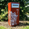 unique Custom Metal Free standing letterbox with Parcel mailbox in Powder coated aluminium. Floral pattern. Silver face plate.