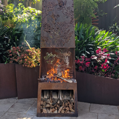Chiminea Fire Pit fireplace with Banksia Pattern log rack and