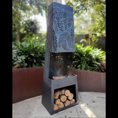 Chiminea with Cootamundra Wattle Pattern in Black Heat Proof Paint Chiminea with Cootamundra Wattle Pattern in Black Heat Proof Paint