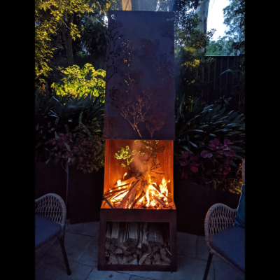 Chiminea at Night Chiminea Fire Pit with Banksia Pattern