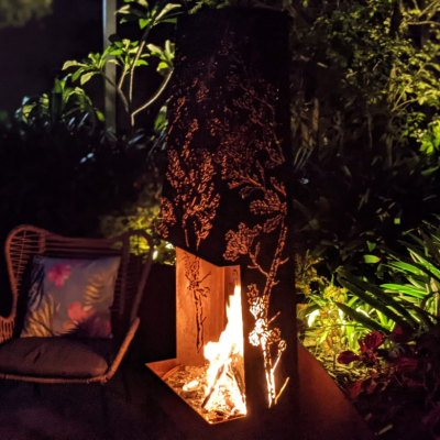 Chiminea at Night Chiminea Fire Pit with Banksia Pattern