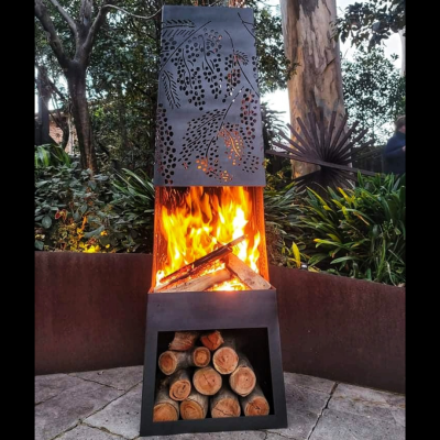 Chiminea with Cootamundra Wattle Pattern in Black Heat Proof Paint Chiminea with Cootamundra Wattle Pattern in Black Heat Proof Paint