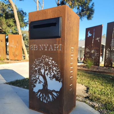 Ironbark Letterbox with Fig Tree Pattern in Rust with Perspex Ironbark Letterbox with Fig Tree Pattern in Rust with Perspex