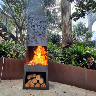Chiminea with Cootamundra Wattle Pattern in Black Heat Proof Paint Chiminea with Cootamundra Wattle Pattern in Black Heat Proof Paint
