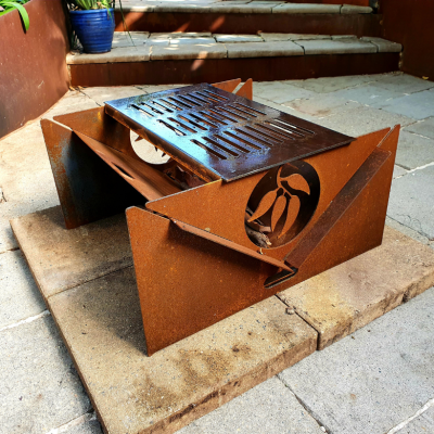 Collapsible Fire Pit with Grill Plate in Rusted Steel Collapsible portable Fire Pit with BBQ Grill for cooking when camping