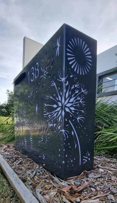 Agapanthus LB side view - 740mm H x 870mm W x 230mm D PC Monument Satin Parcel letterbox
