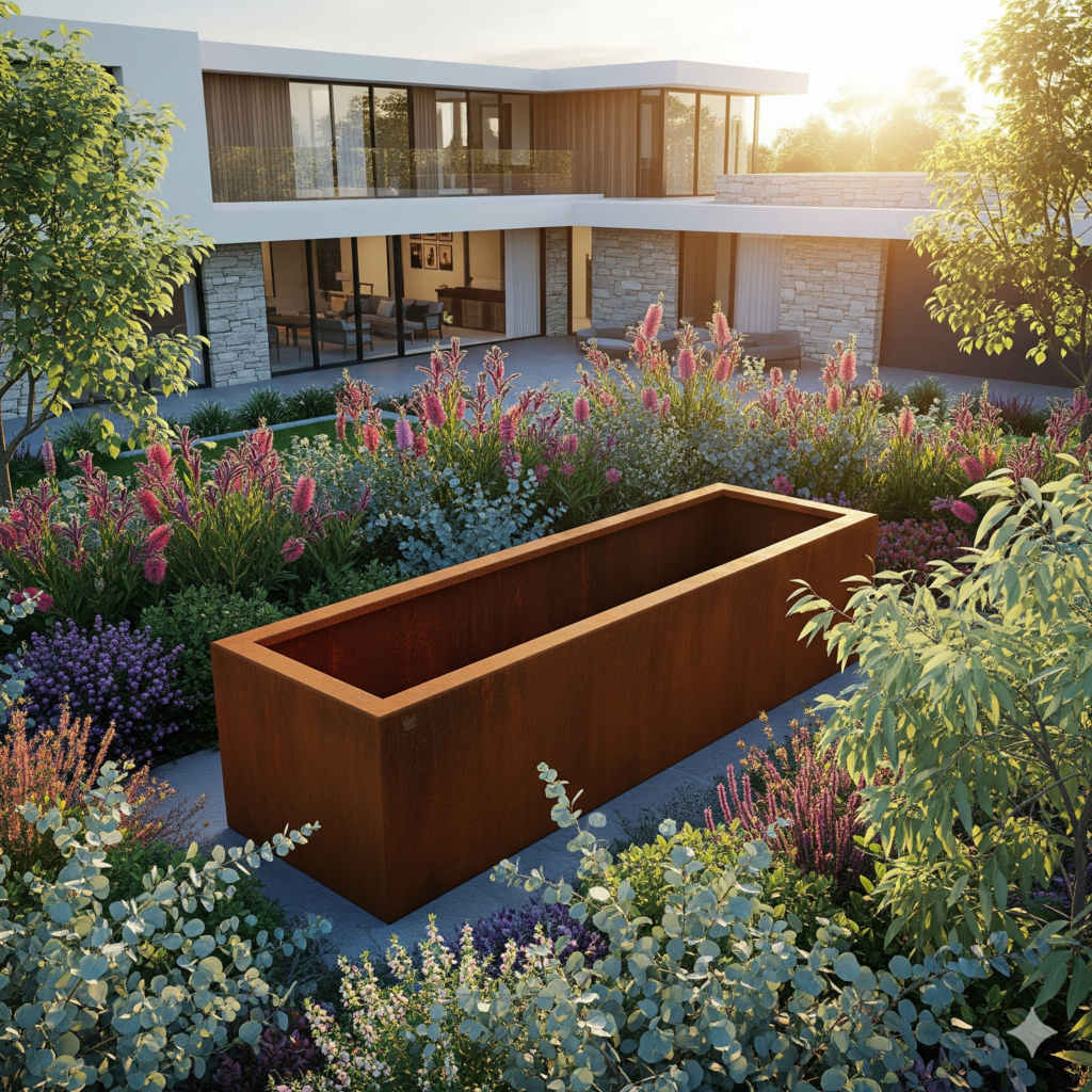 tall large Corten steel garden planter box square 24000 x 1200 x 600mm with top lip