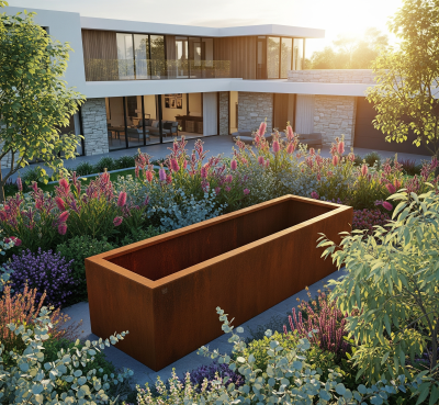 Corten planter 24000 x 1200 x 600mm with top lip tall large Corten steel garden planter box square 24000 x 1200 x 600mm with top lip