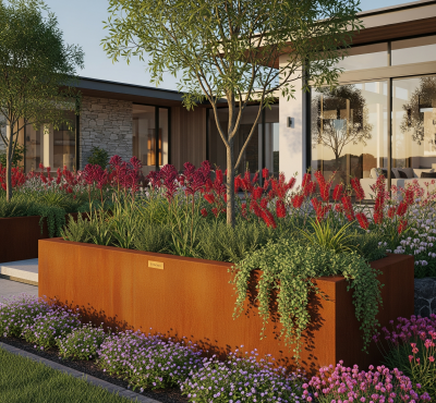 Corten steel planter with top lip tall large Corten steel garden planter box square planter with top lip