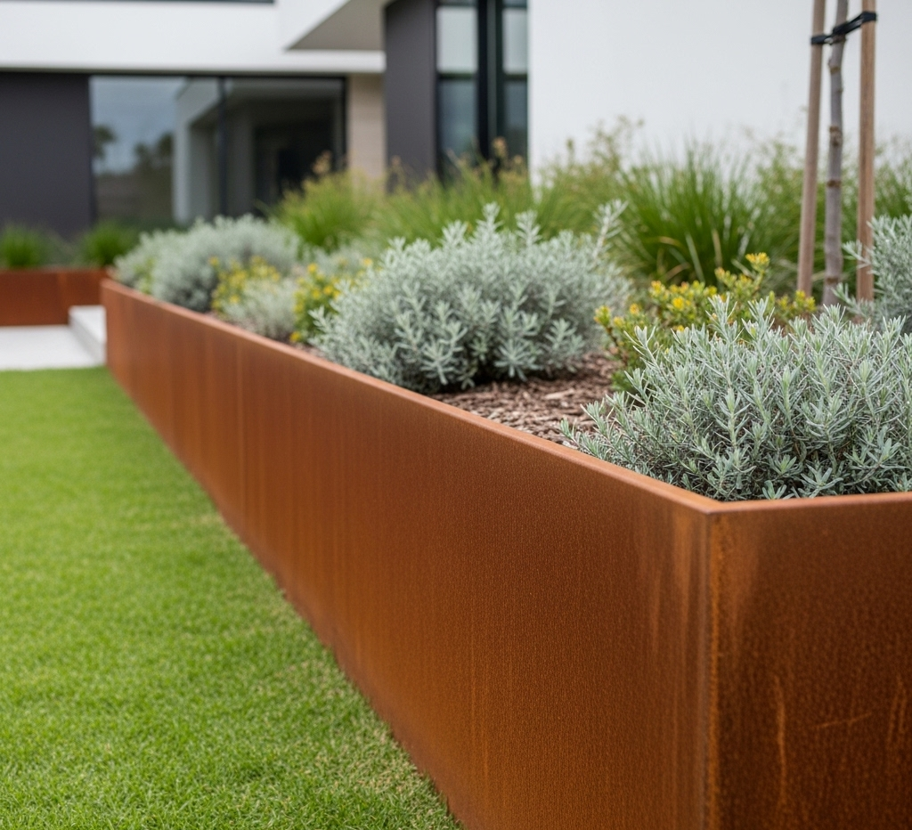 tall large Corten steel outdoor garden edging square with top lip