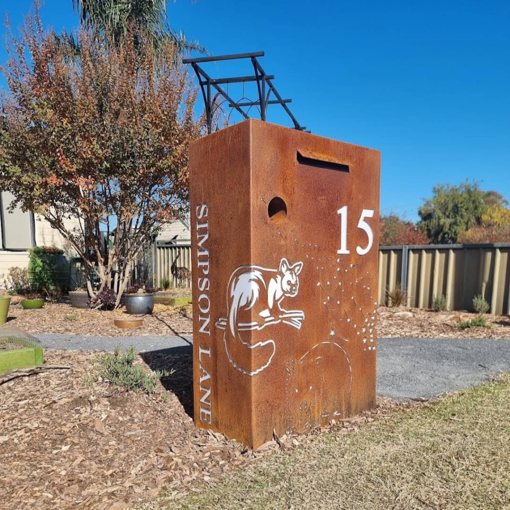 Standard Letterbox in Cor-Ten Steel. Grevillea with custom pattern.