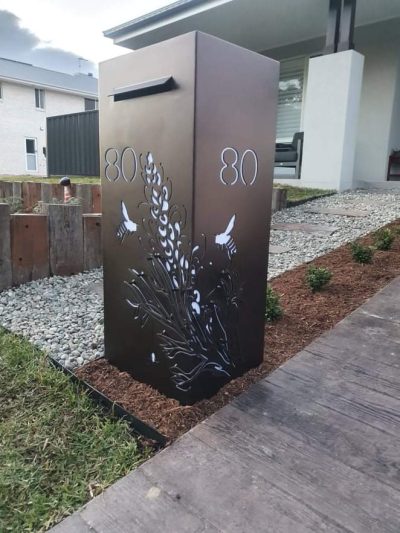 Standard LB 3D Grevillea with bees in Dulux Burnished Copper Standard Letterbox in powder coated aluminium. Grevillea with bees pattern.