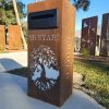 Standard Letterbox in Cor-Ten steel. Figtree pattern. Perspex & Black face plate.