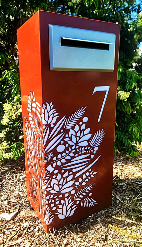 Standard Custom Metal Free standing Parcel Letterbox in Powder coated aluminium. Floral pattern. Silver face plate.