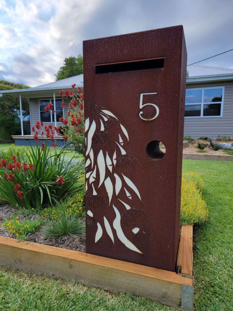 Standard Letterbox in Cor-Ten steel. Grevillea pattern.