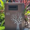 Custom Metal Free standing Parcel Letterbox in Powder coated aluminium . Autumn Tree pattern. & Black face plate.