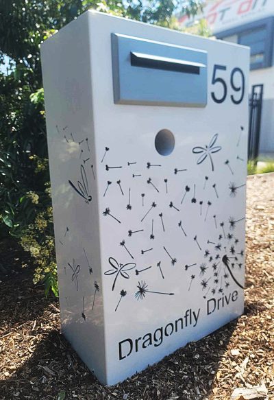 WF LB - Dandelion Drift, Surf Mist, smoked Perspex, silver chute, NP Custom Metal Free standing Parcel Letterbox in Powder coated aluminium . Dandelion Breeze & dragonfly pattern. & Silver face plate.