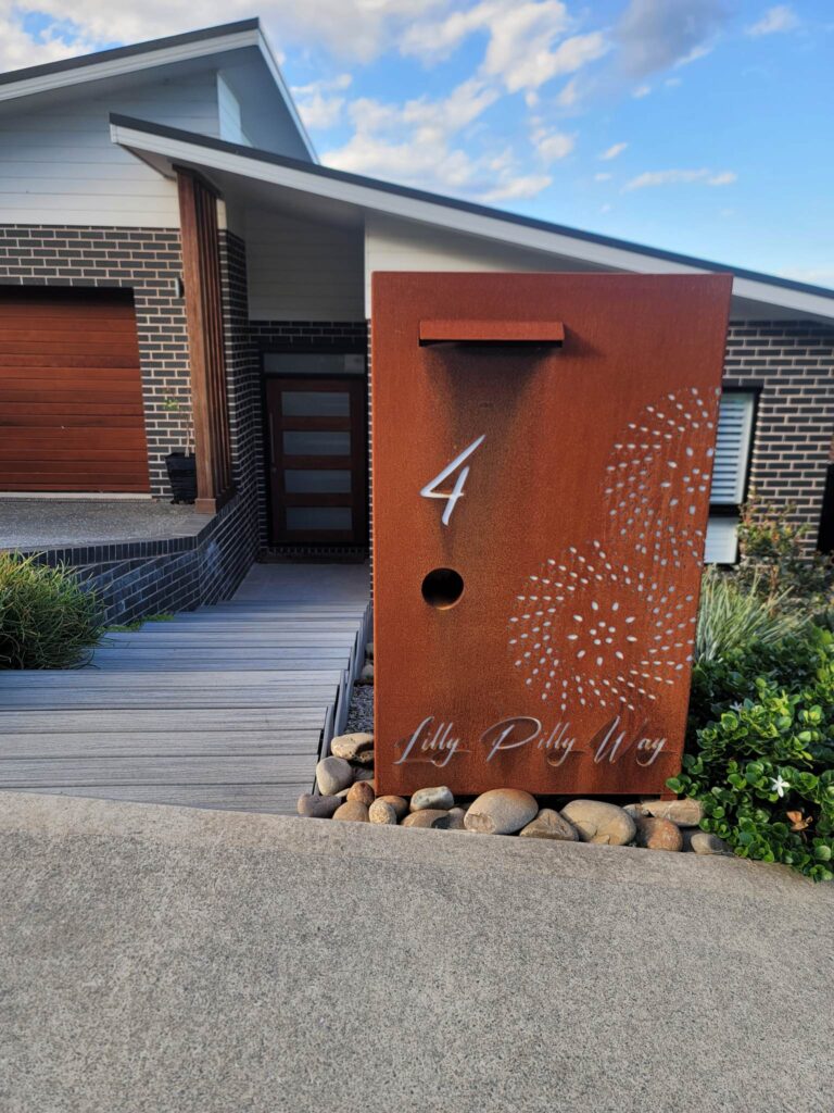 Wideform Letterbox in Cor-Ten steel. Fanfare pattern.