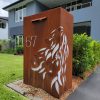 Custom Metal Free standing Parcel Letterbox in Cor-Ten steel. Gum leaf cascade pattern.