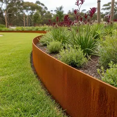 6mm CorTen Steel edging 150mm tall - curved garden bed rusted rustic finish