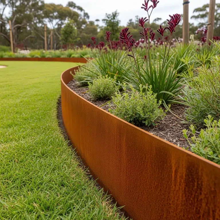 6mm CorTen Steel edging 150mm tall - curved garden bed rusted rustic finish
