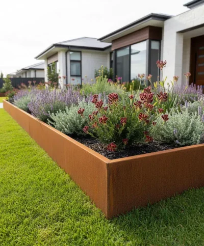 6mm-edging-300mm-tall-with-top-fold-straight 6mm outdoor Cor-Ten steel garden edging 300mm tall - curved with rusted rustic finish