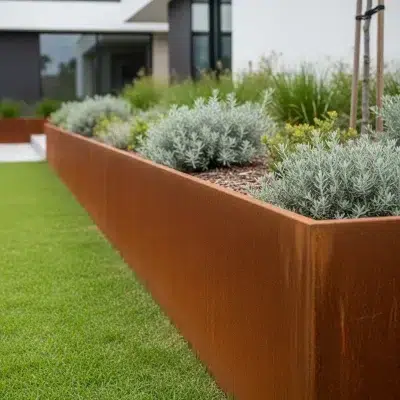Retaining-wall-edging-600mm-tall-with-top-fold-straight tall large Corten steel outdoor garden edging square with top lip