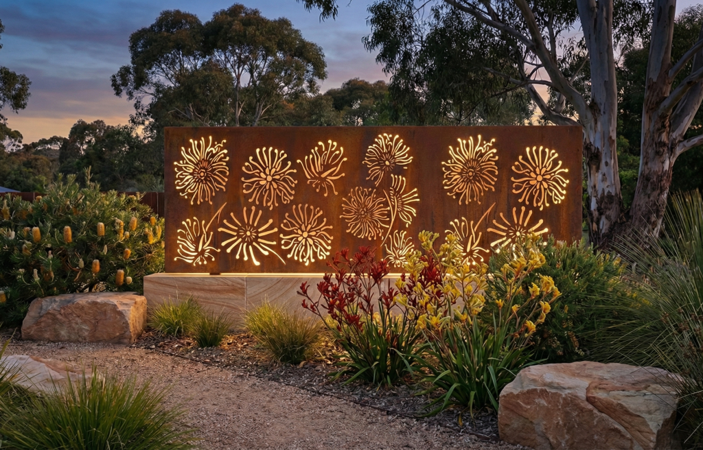 Firewheel Panel in Cor-Ten Steel -outdoor setting. - backlit.