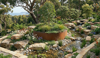 Planter - 6mm Corten steel round in garden setting Planter - 6mm Corten steel round in garden setting